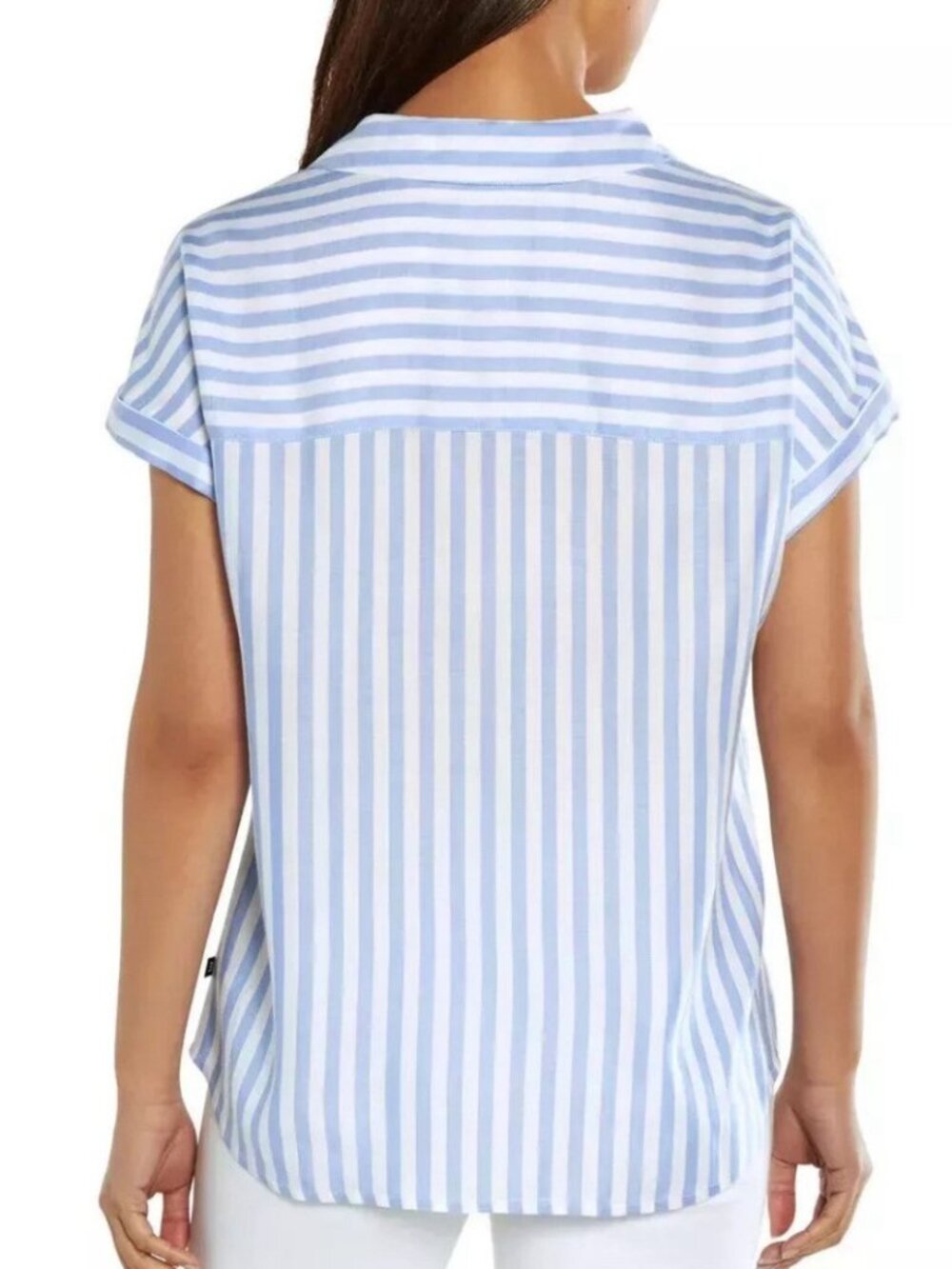Gap Blue White Striped Popover Summer Spring Rayon Viscose Blend Blouse L - Picture 2 of 14